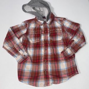 Carter’s Boy Long Sleeve Button Up Plaid Fall Winter Shirt W/Hood Size 6